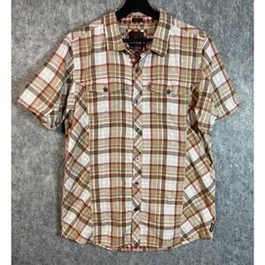 prAna Mens Brown White Plaid Slim Fit Short Sleeve Button Down - Large